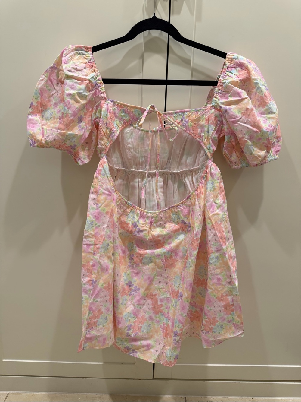 For Love & Lemons Kennedy Mini Dress Pink Floral Puff-Sleeve Babydoll Chemise - Picture 4 of 5